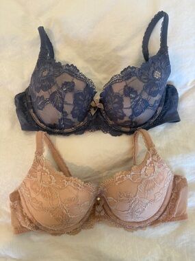 Two Victoria's Secret Lined Demi Lace Underwire Bras Navy and Nude 36B